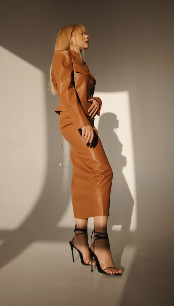 
                  
                    Caramel faux leather skirt
                  
                